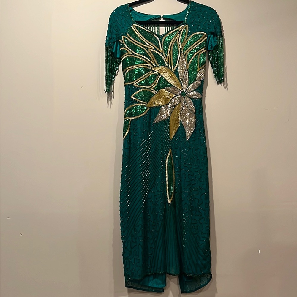 Gatsby style vintage beaded gown in emerald green with gold